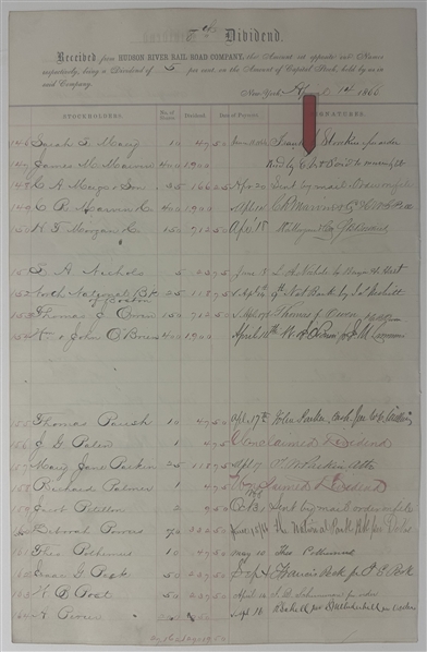 Cornelius Vanderbilt Signed Stockholder Dividen with Initials, 1867