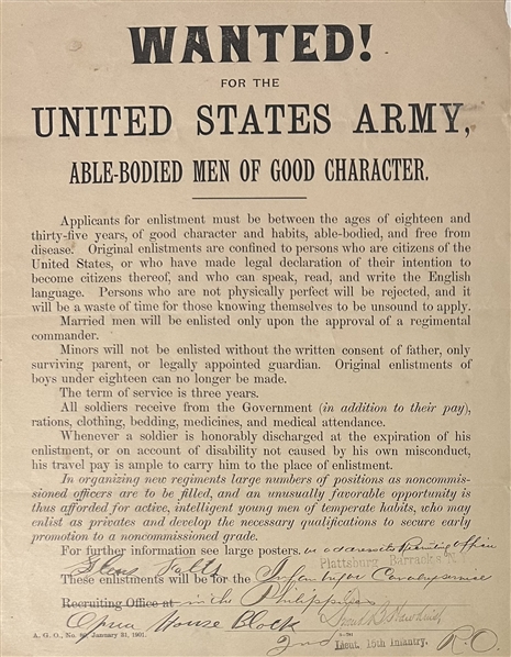 1901 U.S. Army Recruiting Broadside — “Wanted for the United States Army”
