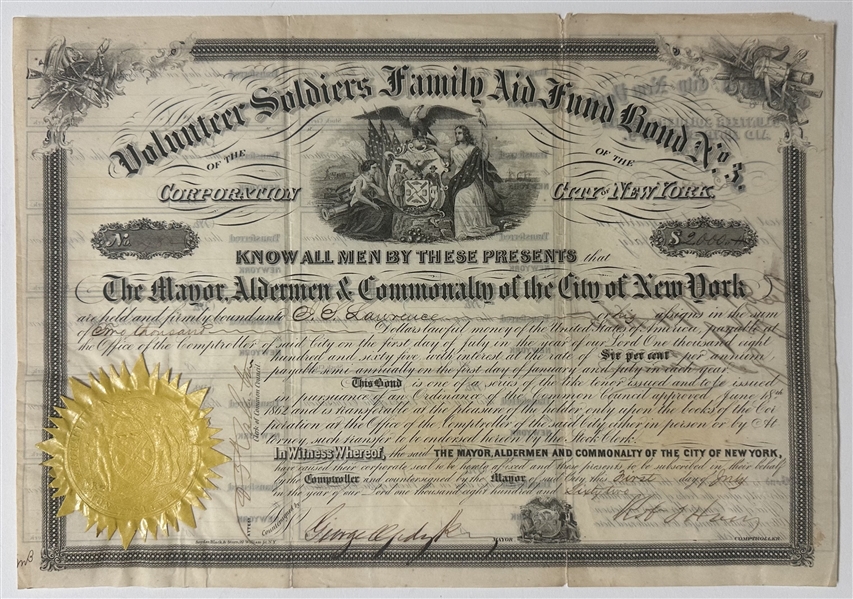 City of New York Municipal Bonds, 1858 & 1862, Signed by Mayors Daniel F. Tiemann and George Opdyke
