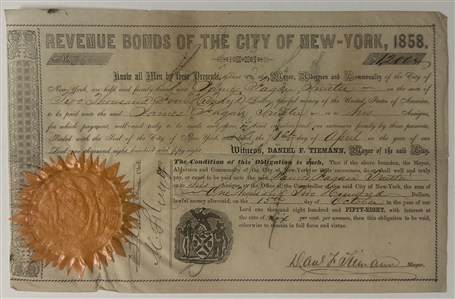 City of New York Municipal Bonds, 1858 & 1862, Signed by Mayors Daniel F. Tiemann and George Opdyke