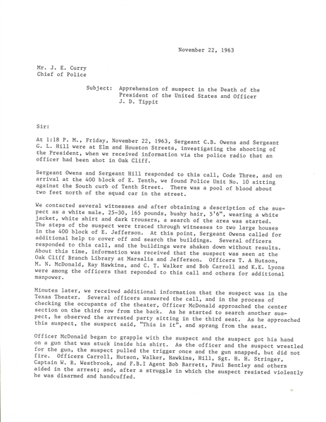 Dallas Police Department Report on the Capture of Lee Harvey Oswald — Signed Copy by Arresting Officers Gerald L. Hill, Ray Hawkins, Paul Bentley, and M. N. McDonald