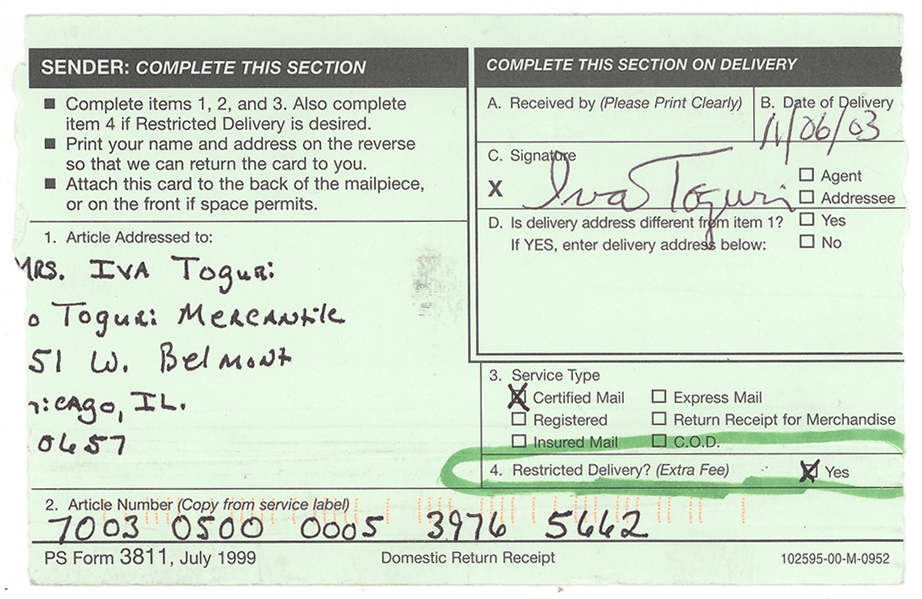 Iva Toguri D’Aquino Signed U.S. Postal Service Certified Mail Return Receipt with Original Receipt