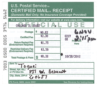 Iva Toguri D’Aquino Signed U.S. Postal Service Certified Mail Return Receipt with Original Receipt