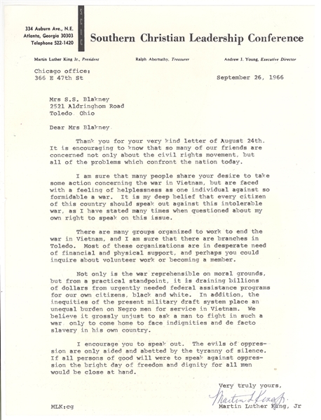 Martin Luther King Jr , Important Secretarially signed Letter Discussing Vietnam War