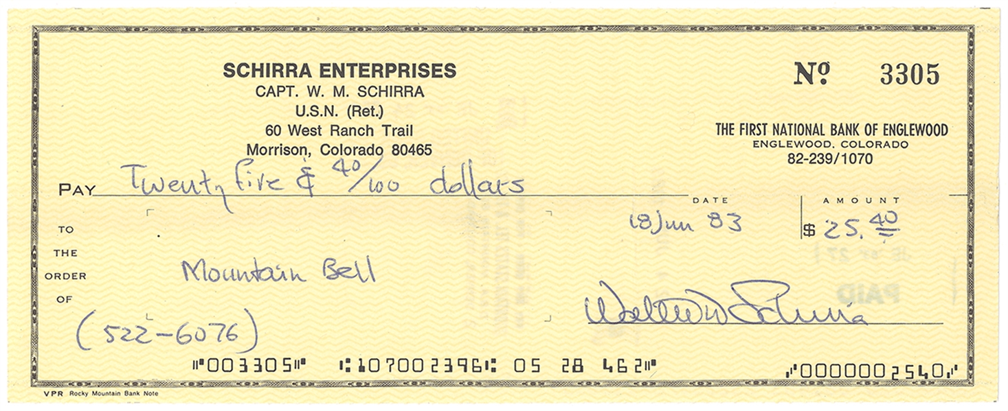 Wally Schirra Signed Check