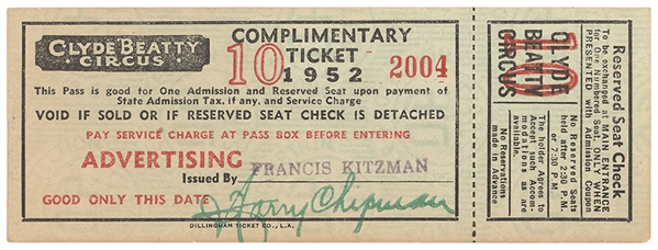 Pierre Cartier Signed Clyde Beatty Circus Ticket