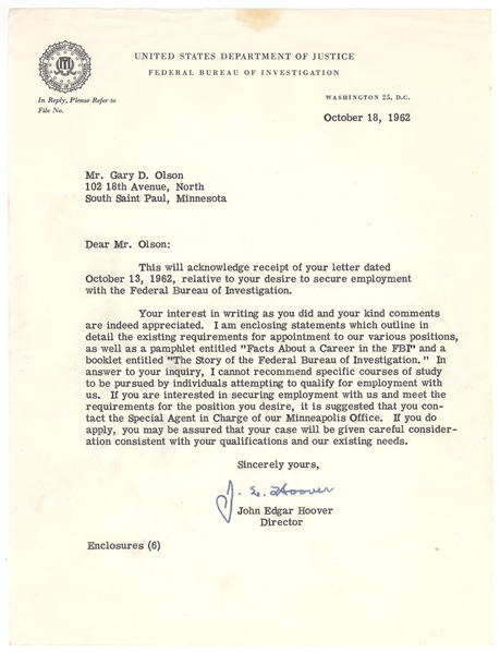 J. Edgar Hoover Signed Photo and TLS