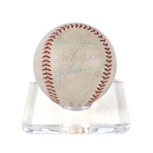 Multi-Signed Baseball of Major League Players Incl Joe Medwick on the Sweet Spot, Joe Dimaggio (signed twice), 