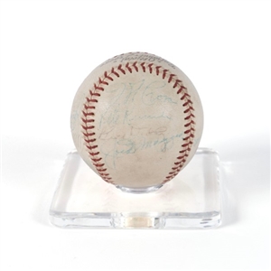 Multi-Signed Baseball of Major League Players Incl Joe Medwick on the Sweet Spot, Joe Dimaggio (signed twice), 