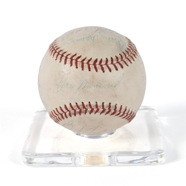 Multi-Signed Baseball of Major League Players Incl Joe Medwick on the Sweet Spot, Joe Dimaggio (signed twice), 