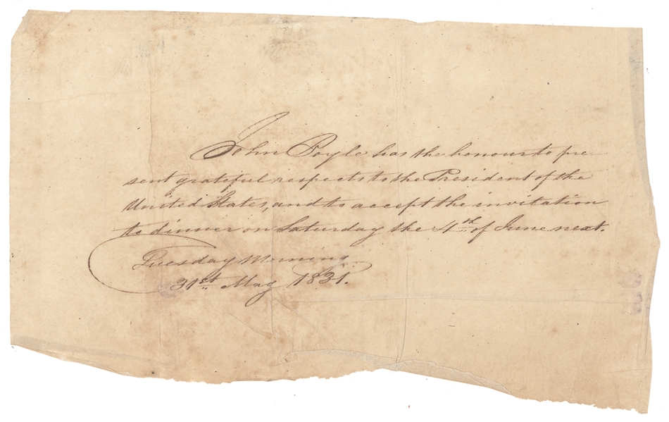 Andrew Jackson White House Dinner Invitation to John Boyle, Chief Clerk of the Navy Department (1831)