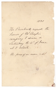 Andrew Jackson White House Dinner Invitation to John Boyle, Chief Clerk of the Navy Department (1831)