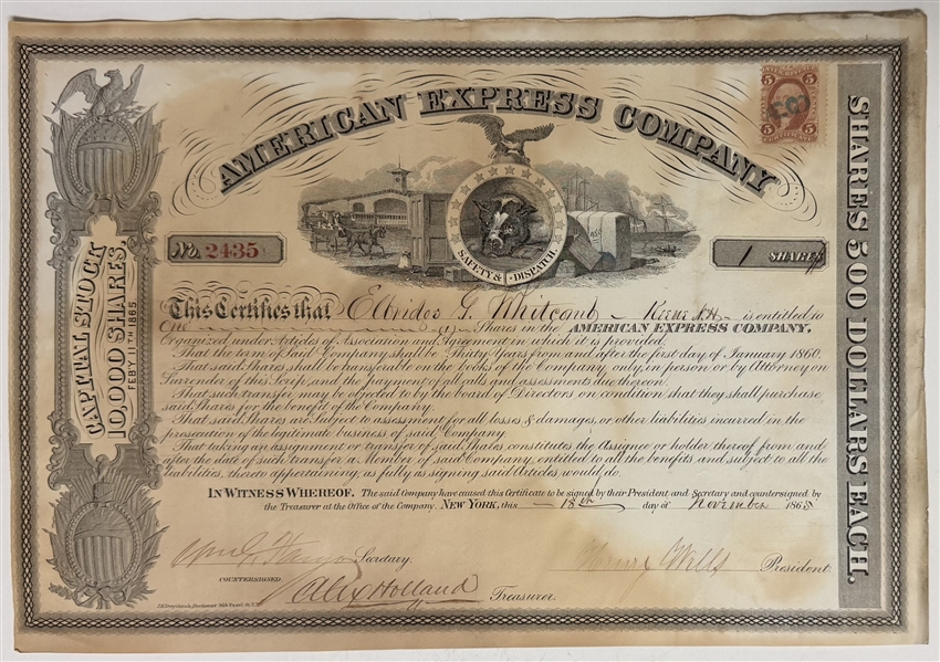 1865 American Express Stock Certificate Signed by Wells and Fargo --- 1869 American Merchants Union Express Company Stock 