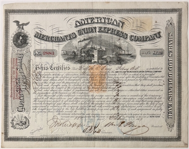 1865 American Express Stock Certificate Signed by Wells and Fargo --- 1869 American Merchants Union Express Company Stock 