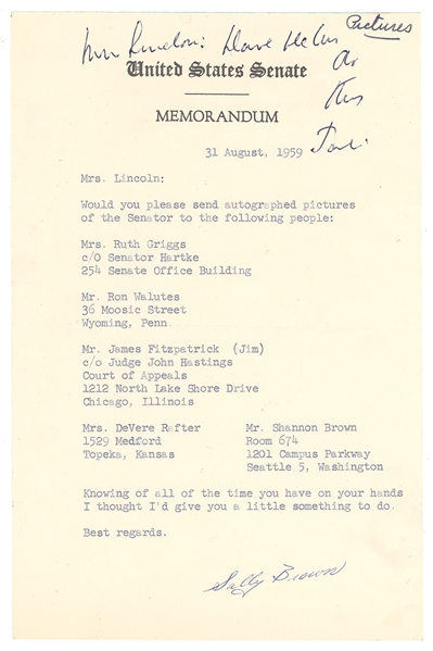 John F. Kennedy Autograph Notation to Evelyn Lincoln on United States Senate Memorandum