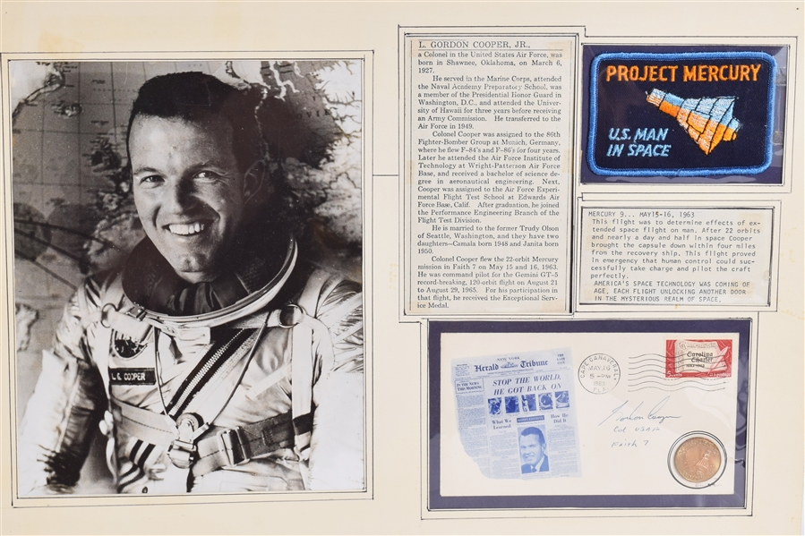 Gordon Cooper, Signed Mercury 9 / Faith 7 First Day Cover, Cape Canaveral, May 15, 1963, Plus Scarce Project Mercury “U.S. Man in Space” Embroidered Patch