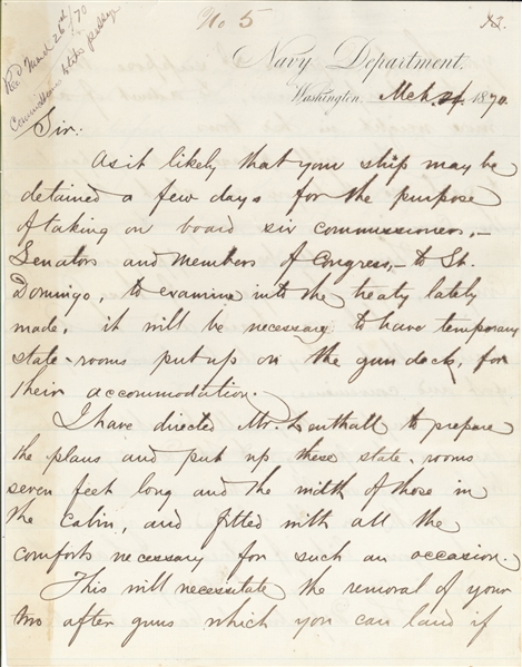 Daniel Dixon Porter Letter Sending Senators & Commissioners for treaty with St. Domingo