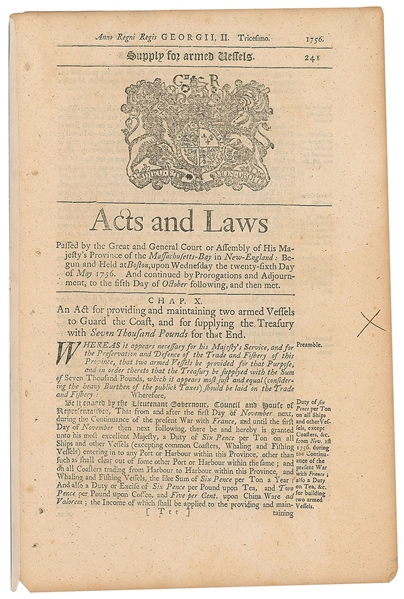 1756 Massachusetts Bay Act Authorizing Two Armed Vessels for Coastal Defense During the French & Indian War