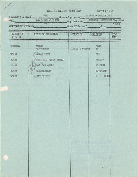 Desi Arnaz- Set List for Ciros Performance
