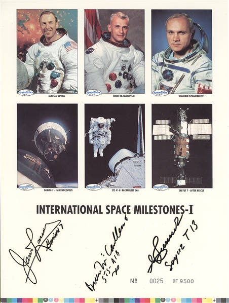 SpaceShots "International Space Milestones-I" Limited Edition, #0025/9500, Print Signed by Lovell, McCandless, and Dzhanibekov