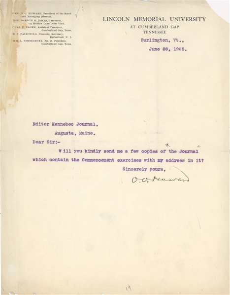 Civil War Medal of Honor Recipient and Freedmen’s Bureau Commissioner General O. O. Howard — Typed Letter Signed as President of the Board of Lincoln Memorial University, 1905