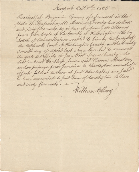 William Ellery (Signer, Declaration of Independence) — Rare Document Signed, Newport, 1805, with Extensive Autograph Biblical Commentary in His Hand on the Verso