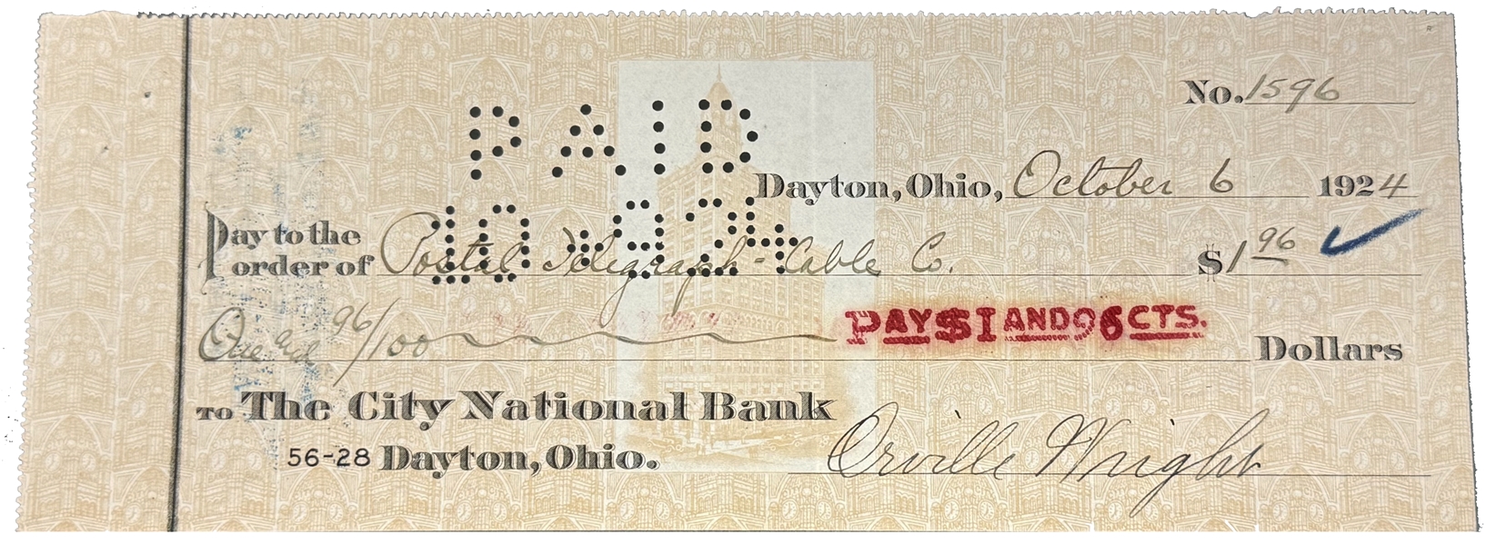 Orville Wright — Bank Check Signed, City National Bank, Dayton, Ohio, October 6, 1924, Payable to the Postal Telegraph-Cable Company