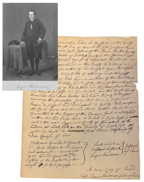 Roger Sherman Signed Three Times — Important Colonial Court Record, Counterfeit Currency Prosecution, New Milford, Connecticut, March 9, 1756, from His First Year as Justice of the Peace