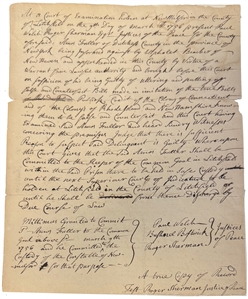 Roger Sherman Signed Three Times — Important Colonial Court Record, Counterfeit Currency Prosecution, New Milford, Connecticut, March 9, 1756, from His First Year as Justice of the Peace